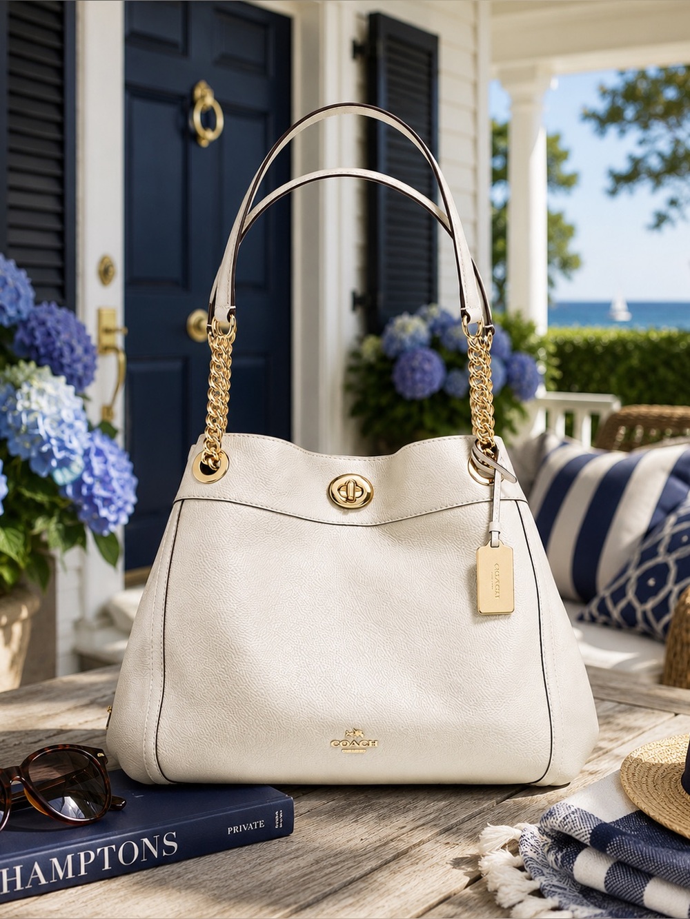 COACH Turnlock Edie Shoulder Bag | Chalk Pebble Leather | Gold Hardware - Picture 2 of 8